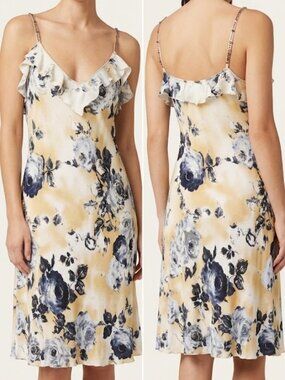 ROBERTA SCARPA Italian Silk Blend Floral Dress Sz 14 US Ruffled Beaded Straps